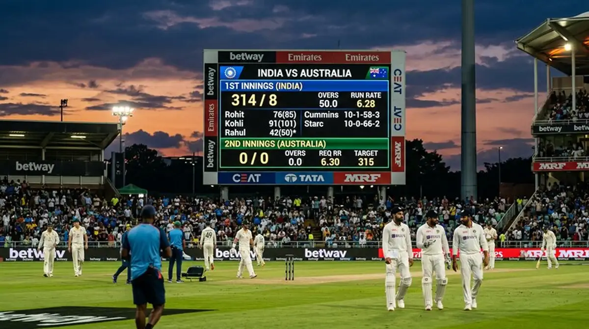 Tabellone segnapunti del cricket con punteggio del primo e secondo innings
