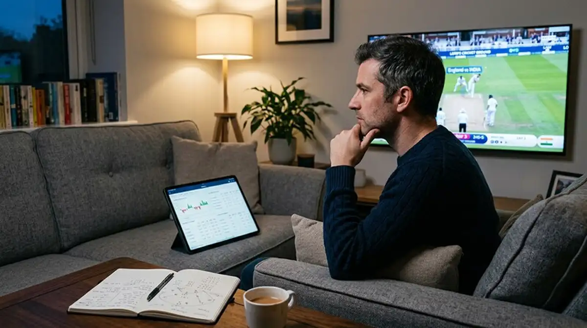 Analista che osserva dati statistici di cricket su monitor per evitare errori cognitivi
