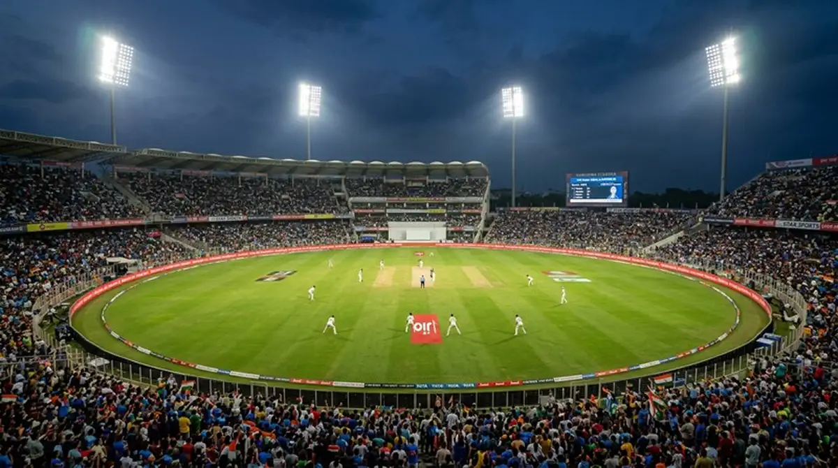 Partita di cricket T20 in uno stadio con giocatori in campo