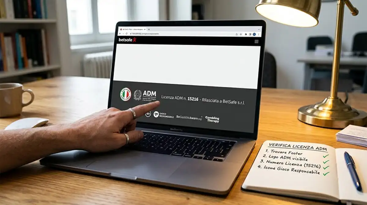Footer di un sito di scommesse con logo ADM e numero di concessione