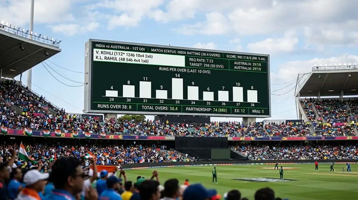 Tabellone del cricket con punteggio runs per over e linee totali