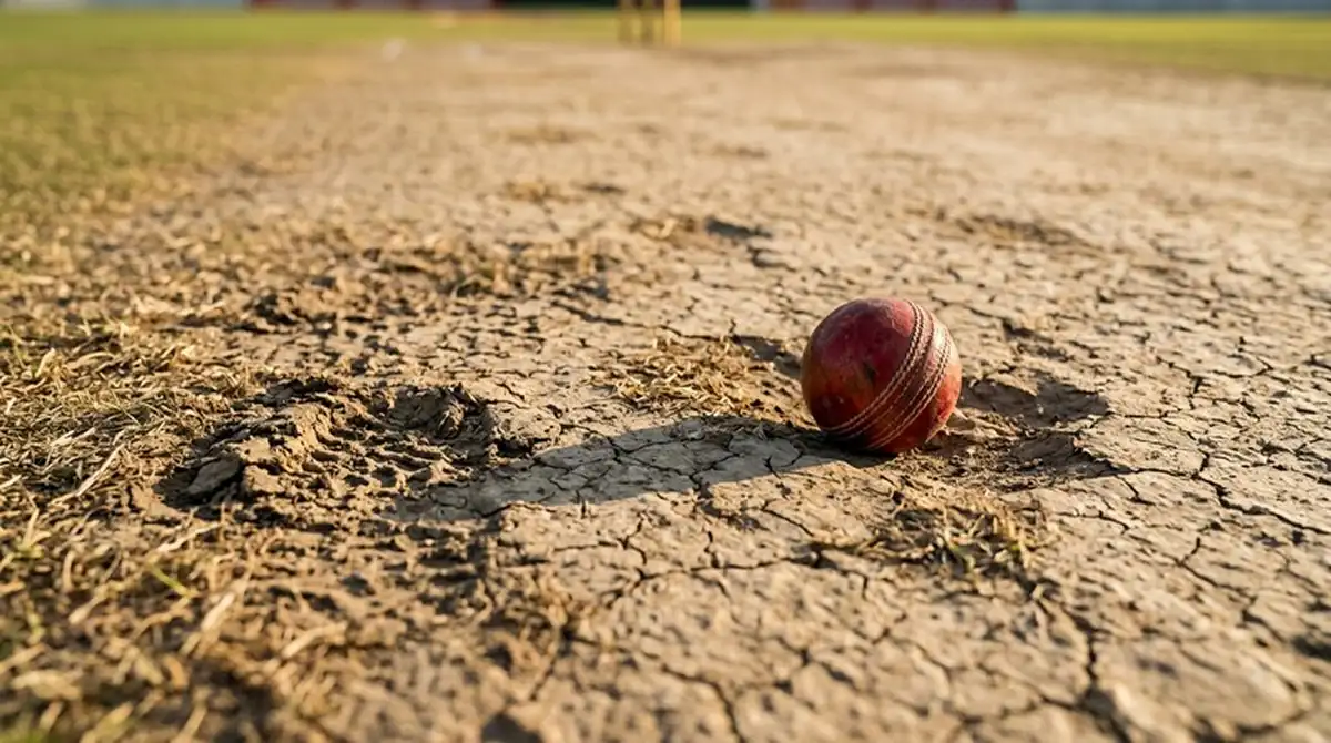 Superficie del pitch di cricket vista da vicino con segni di usura