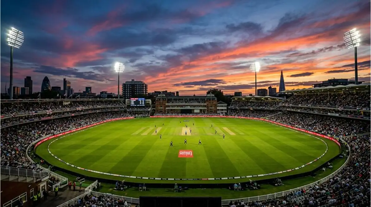 Panoramica di uno stadio di cricket durante una partita serale