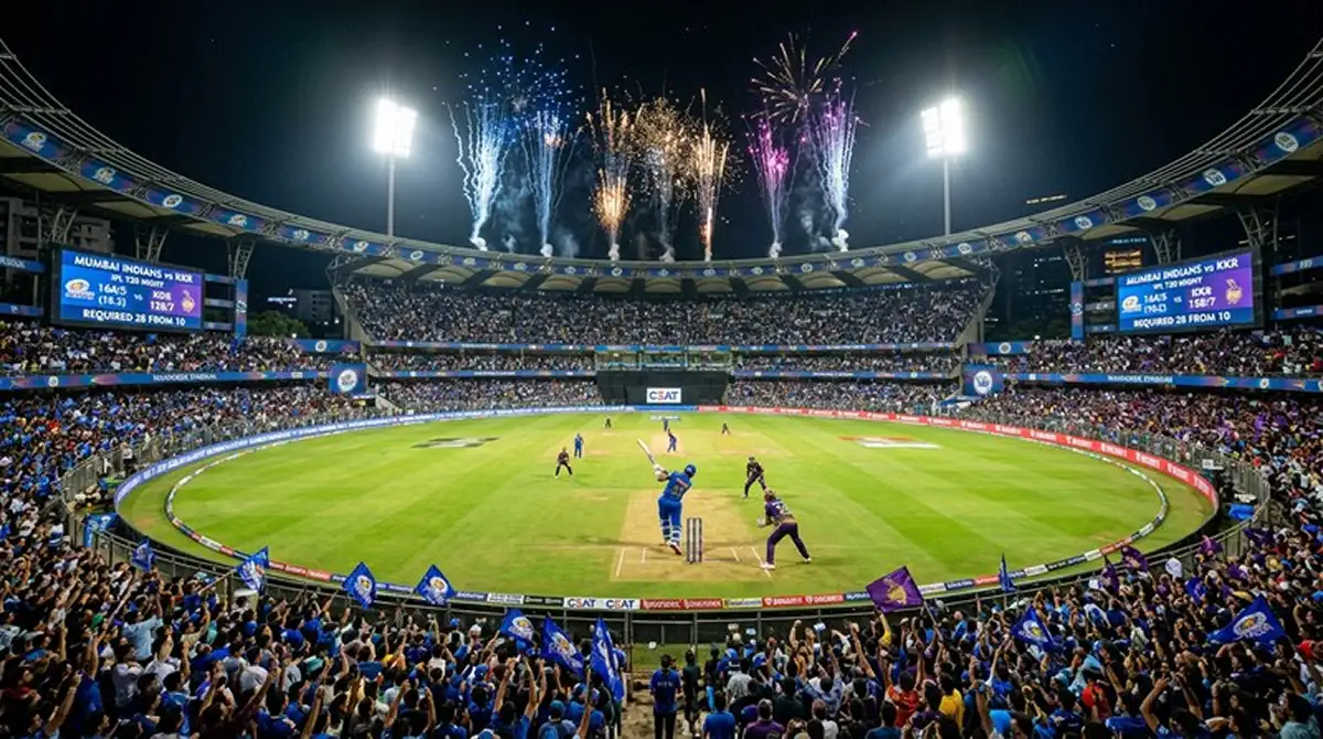 Stadio di cricket illuminato di notte durante una partita T20